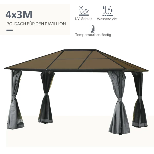 Paviljoen 4x3m tuinpaviljoen gazebo feesttent met zijpanelen en netwanden, pc dak van aluminium in donkergrijs 5