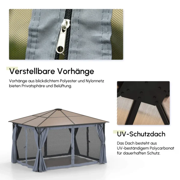 Paviljoen 4x3m tuinpaviljoen gazebo feesttent met zijpanelen en netwanden, pc dak van aluminium in donkergrijs 6