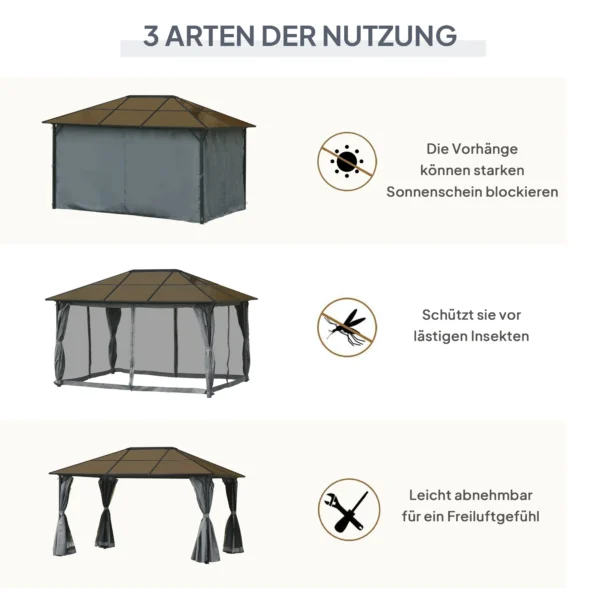 Paviljoen 4x3m tuinpaviljoen gazebo feesttent met zijpanelen en netwanden, pc dak van aluminium in donkergrijs 8