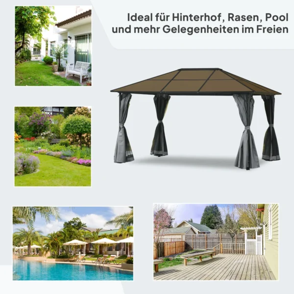 Paviljoen 4x3m tuinpaviljoen gazebo feesttent met zijpanelen en netwanden, pc dak van aluminium in donkergrijs 9
