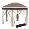 Paviljoen zeshoekig 4x4m met water en uv bestendige hoes, dubbel dak, ventilatieopening, draagtas, polyester beige en khaki 1