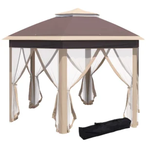Paviljoen zeshoekig 4x4m met water en uv bestendige hoes, dubbel dak, ventilatieopening, draagtas, polyester beige en khaki 1