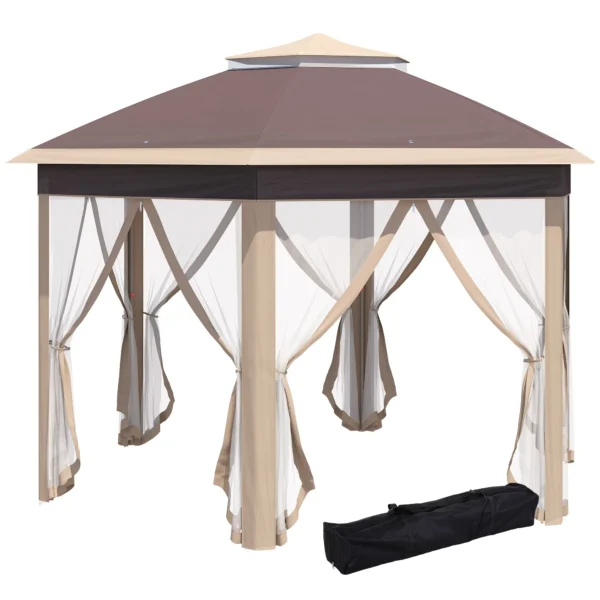 Paviljoen zeshoekig 4x4m met water en uv bestendige hoes, dubbel dak, ventilatieopening, draagtas, polyester beige en khaki 1