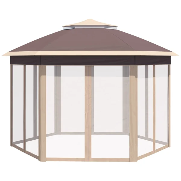 Paviljoen zeshoekig 4x4m met water en uv bestendige hoes, dubbel dak, ventilatieopening, draagtas, polyester beige en khaki 10
