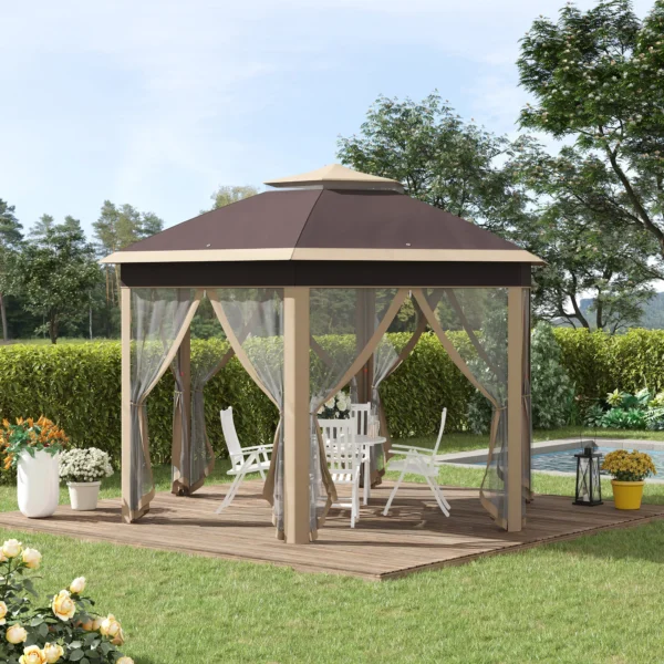 Paviljoen zeshoekig 4x4m met water en uv bestendige hoes, dubbel dak, ventilatieopening, draagtas, polyester beige en khaki 2