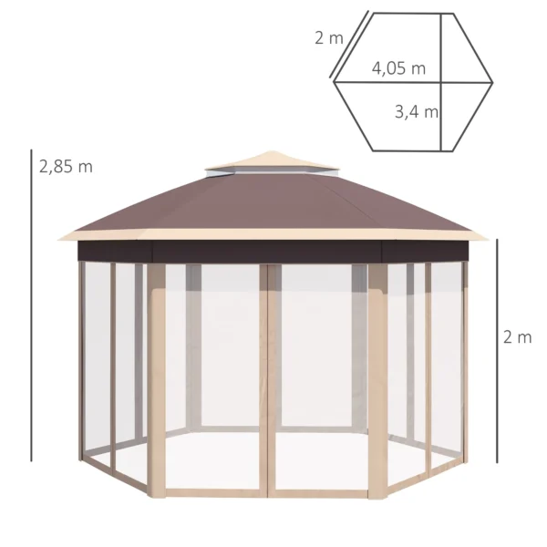 Paviljoen zeshoekig 4x4m met water en uv bestendige hoes, dubbel dak, ventilatieopening, draagtas, polyester beige en khaki 4