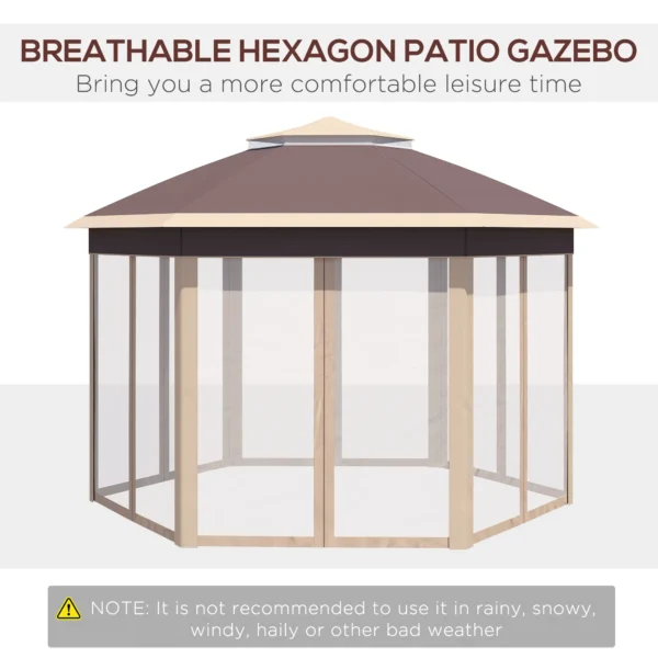 Paviljoen zeshoekig 4x4m met water en uv bestendige hoes, dubbel dak, ventilatieopening, draagtas, polyester beige en khaki 5