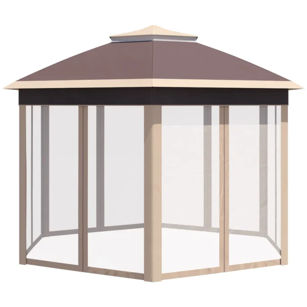 Paviljoen zeshoekig 4x4m met water en uv bestendige hoes, dubbel dak, ventilatieopening, draagtas, polyester beige en khaki 8