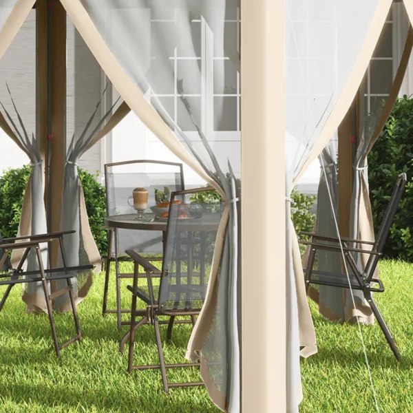 Paviljoen zeshoekig 4x4m met water en uv bestendige hoes, dubbel dak, ventilatieopening, draagtas, polyester beige en khaki 9