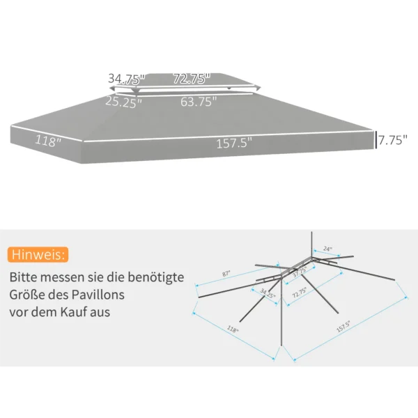 Paviljoendak vervangend dak voor tuinpaviljoen 3x4m gemaakt van polyester in lichtgrijs, weerbestendig & duurzaam 4