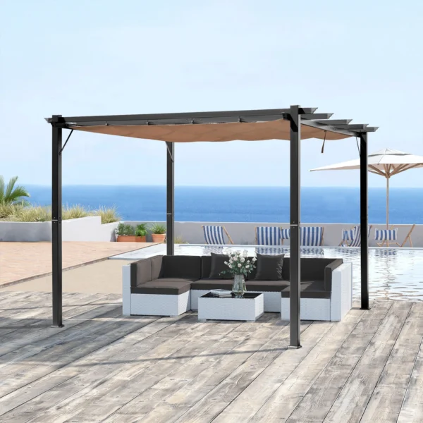 Pergola paviljoen 3 x 4 m met verstelbaar stoffen dak van aluminium, zonwering overkapping voor terras en tuin in grijs en bruin 2