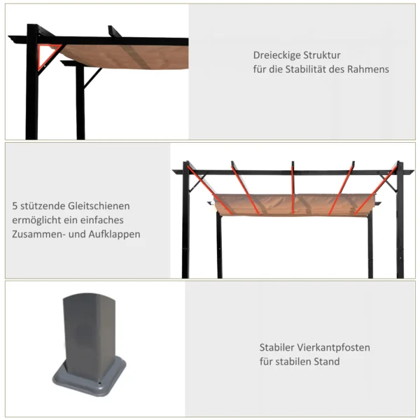 Pergola paviljoen 3 x 4 m met verstelbaar stoffen dak van aluminium, zonwering overkapping voor terras en tuin in grijs en bruin 7