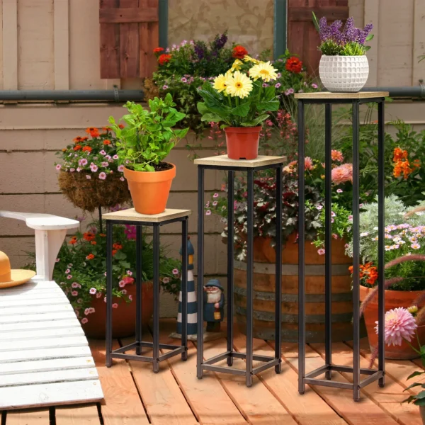 Plantenstandaard set 3 delig bloemenkruk & bloempothouder van staal zwart en natuur voor tuin & balkon 2
