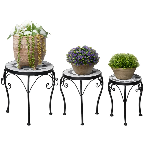 Plantenstandaard set van 3 bloemenstandaard met keramische tegels van metaal in zwart en wit voor tuin en balkon 1