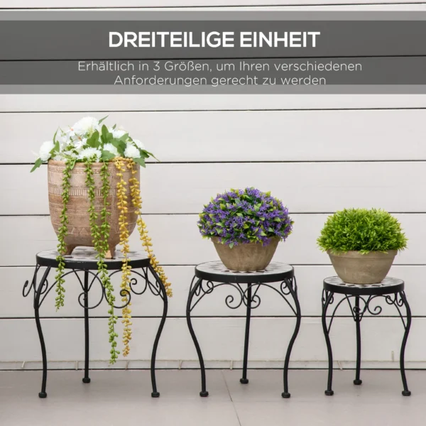 Plantenstandaard set van 3 bloemenstandaard met keramische tegels van metaal in zwart en wit voor tuin en balkon 5
