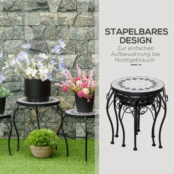Plantenstandaard set van 3 bloemenstandaard met keramische tegels van metaal in zwart en wit voor tuin en balkon 7