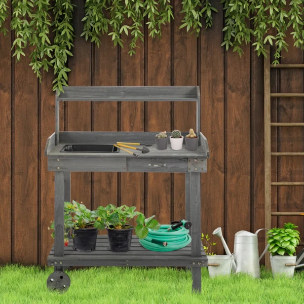 Plantentafel tuinierstafel met lade 2 niveaus wastafel wielen vurenhout grijs 92x45x119cm voor tuinieren & plantenverzorging 2