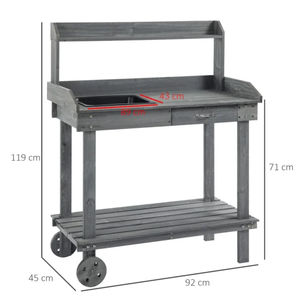 Plantentafel tuinierstafel met lade 2 niveaus wastafel wielen vurenhout grijs 92x45x119cm voor tuinieren & plantenverzorging 4