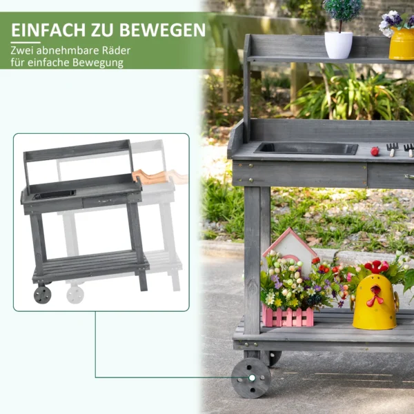 Plantentafel tuinierstafel met lade 2 niveaus wastafel wielen vurenhout grijs 92x45x119cm voor tuinieren & plantenverzorging 5