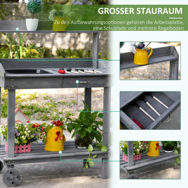 Plantentafel tuinierstafel met lade 2 niveaus wastafel wielen vurenhout grijs 92x45x119cm voor tuinieren & plantenverzorging 6