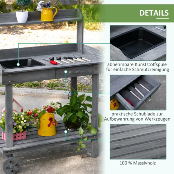 Plantentafel tuinierstafel met lade 2 niveaus wastafel wielen vurenhout grijs 92x45x119cm voor tuinieren & plantenverzorging 7