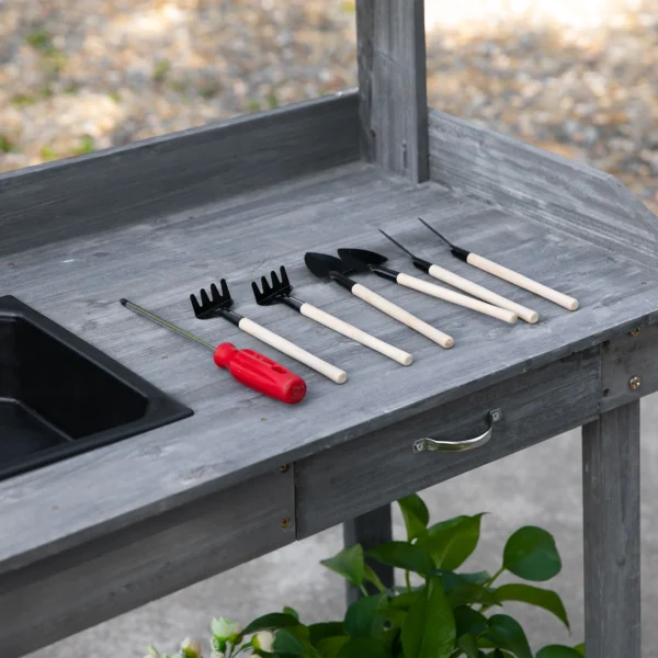 Plantentafel tuinierstafel met lade 2 niveaus wastafel wielen vurenhout grijs 92x45x119cm voor tuinieren & plantenverzorging 8