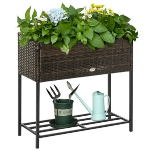 Poly rattan verhoogde bloembak met poten bloempot met plank bruin 70 x 30 x 72 cm 1