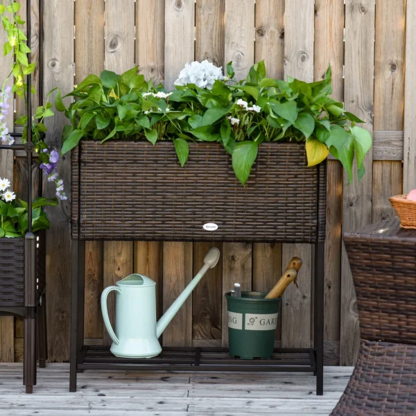 Poly rattan verhoogde bloembak met poten bloempot met plank bruin 70 x 30 x 72 cm 2