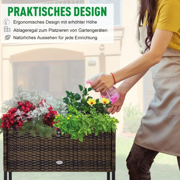 Poly rattan verhoogde bloembak met poten bloempot met plank bruin 70 x 30 x 72 cm 7