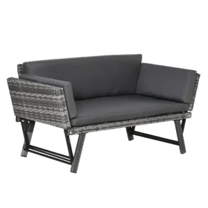 Polyrattan tuinbank 2 zits loungesofa grijs met opklapbare armleuningen staal 129x63x67cm voor tuin terras 1