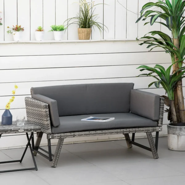 Polyrattan tuinbank 2 zits loungesofa grijs met opklapbare armleuningen staal 129x63x67cm voor tuin terras 2
