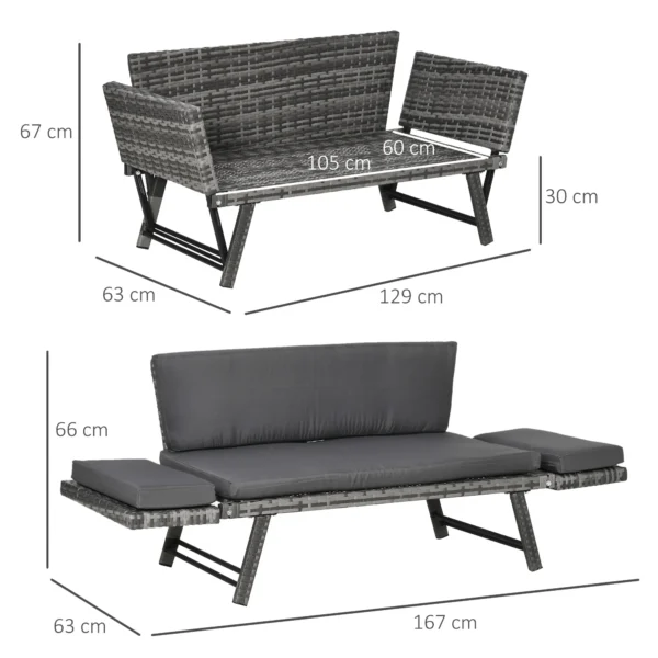 Polyrattan tuinbank 2 zits loungesofa grijs met opklapbare armleuningen staal 129x63x67cm voor tuin terras 4