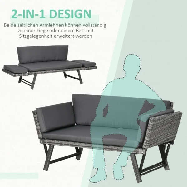 Polyrattan tuinbank 2 zits loungesofa grijs met opklapbare armleuningen staal 129x63x67cm voor tuin terras 5