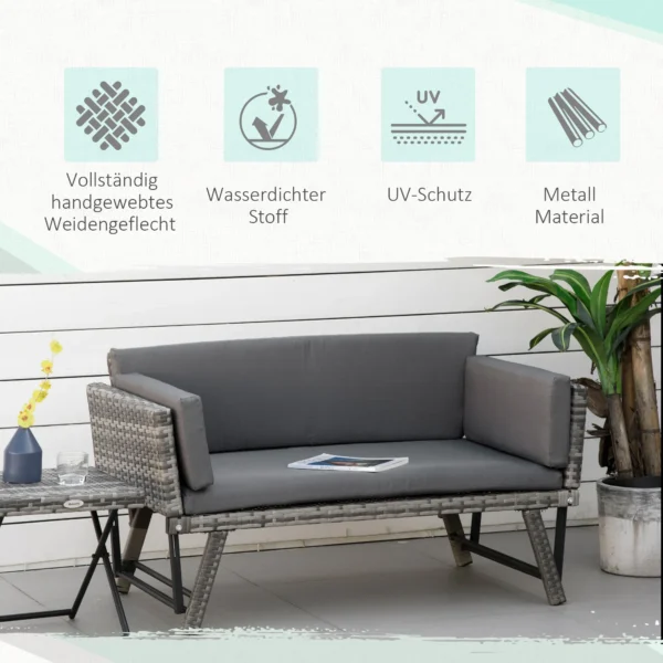 Polyrattan tuinbank 2 zits loungesofa grijs met opklapbare armleuningen staal 129x63x67cm voor tuin terras 6