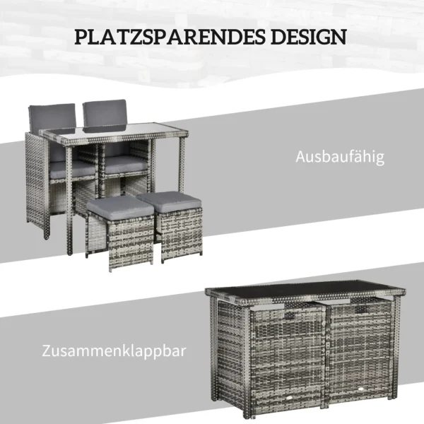 Polyrattan zitgroep voor 4 personen, eetgroep tuinset met kussens, grijs, weerbestendig & stijlvol voor tuin & terras 6