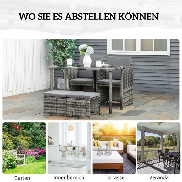 Polyrattan zitgroep voor 4 personen, eetgroep tuinset met kussens, grijs, weerbestendig & stijlvol voor tuin & terras 8