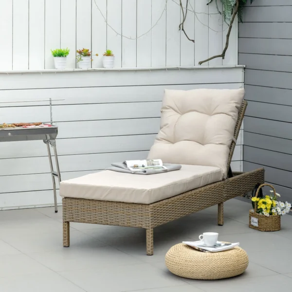 Polyrattan zonneligstoel tuinligstoel verstelbaar met kussen in natuur khaki 200x66x92cm voor tuin & terras 2