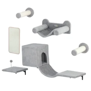 Pwahut klimmuur kat 6 delig katten klimmuur set met kattenhuis, hangmat, platform, krabpaal met krabplank, pluche wandkrabpaal, kattenmeubels voor katten tot 5 kg, grijs 1