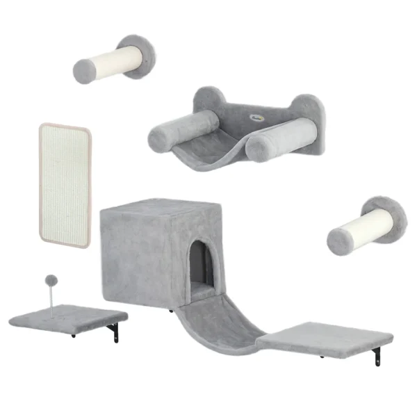 Pwahut klimmuur kat 6 delig katten klimmuur set met kattenhuis, hangmat, platform, krabpaal met krabplank, pluche wandkrabpaal, kattenmeubels voor katten tot 5 kg, grijs 1