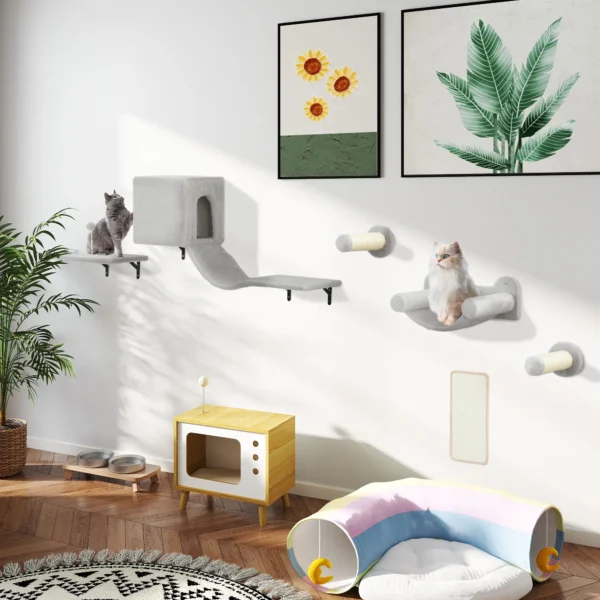 Pwahut klimmuur kat 6 delig katten klimmuur set met kattenhuis, hangmat, platform, krabpaal met krabplank, pluche wandkrabpaal, kattenmeubels voor katten tot 5 kg, grijs 2