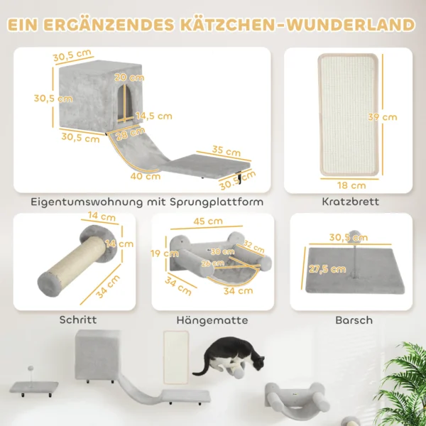 Pwahut klimmuur kat 6 delig katten klimmuur set met kattenhuis, hangmat, platform, krabpaal met krabplank, pluche wandkrabpaal, kattenmeubels voor katten tot 5 kg, grijs 4