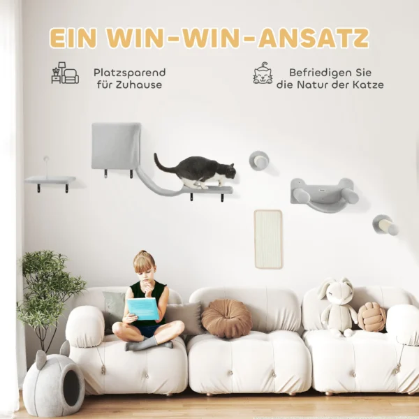 Pwahut klimmuur kat 6 delig katten klimmuur set met kattenhuis, hangmat, platform, krabpaal met krabplank, pluche wandkrabpaal, kattenmeubels voor katten tot 5 kg, grijs 5
