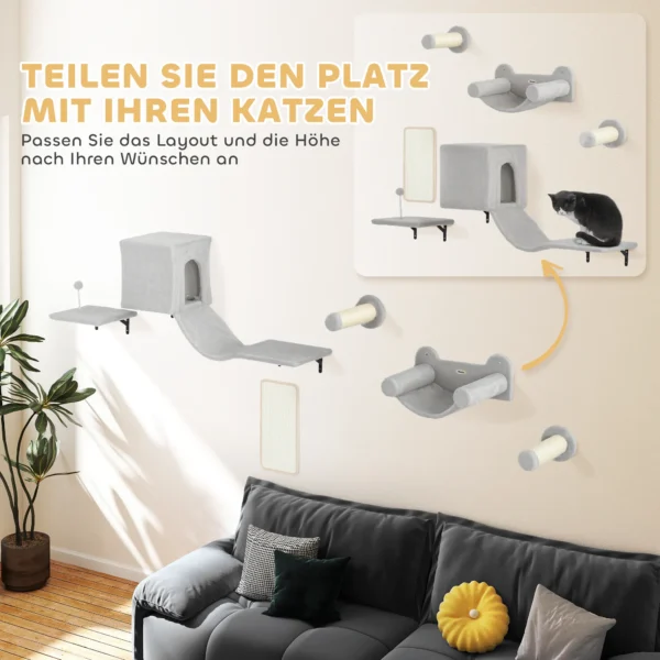 Pwahut klimmuur kat 6 delig katten klimmuur set met kattenhuis, hangmat, platform, krabpaal met krabplank, pluche wandkrabpaal, kattenmeubels voor katten tot 5 kg, grijs 6