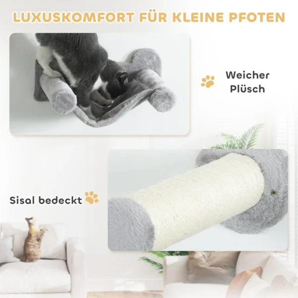 Pwahut klimmuur kat 6 delig katten klimmuur set met kattenhuis, hangmat, platform, krabpaal met krabplank, pluche wandkrabpaal, kattenmeubels voor katten tot 5 kg, grijs 8