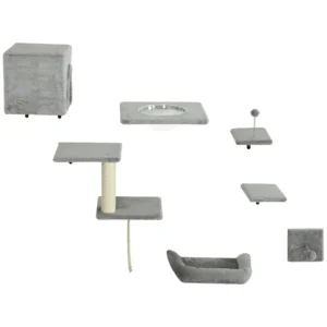 Pwahut klimmuur kat 7 delig katten klimmuur set met kattenhuis, platform, krabpaal met hangende bal, pluche wandkrabpaal, kattenmeubels voor katten tot 5 kg, grijs 1