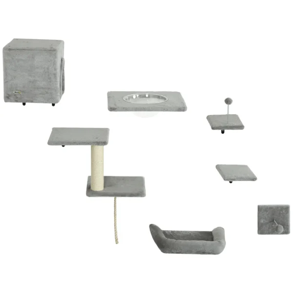 Pwahut klimmuur kat 7 delig katten klimmuur set met kattenhuis, platform, krabpaal met hangende bal, pluche wandkrabpaal, kattenmeubels voor katten tot 5 kg, grijs 1