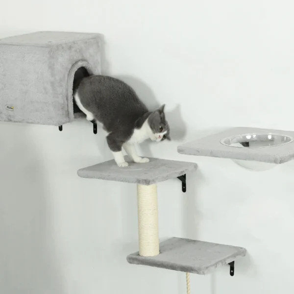 Pwahut klimmuur kat 7 delig katten klimmuur set met kattenhuis, platform, krabpaal met hangende bal, pluche wandkrabpaal, kattenmeubels voor katten tot 5 kg, grijs 10