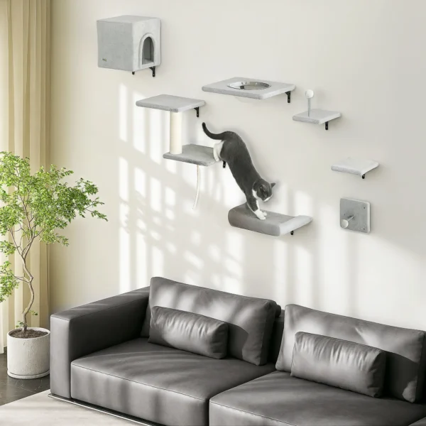 Pwahut klimmuur kat 7 delig katten klimmuur set met kattenhuis, platform, krabpaal met hangende bal, pluche wandkrabpaal, kattenmeubels voor katten tot 5 kg, grijs 2