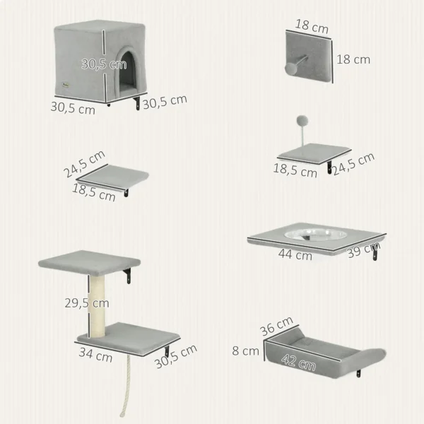 Pwahut klimmuur kat 7 delig katten klimmuur set met kattenhuis, platform, krabpaal met hangende bal, pluche wandkrabpaal, kattenmeubels voor katten tot 5 kg, grijs 4