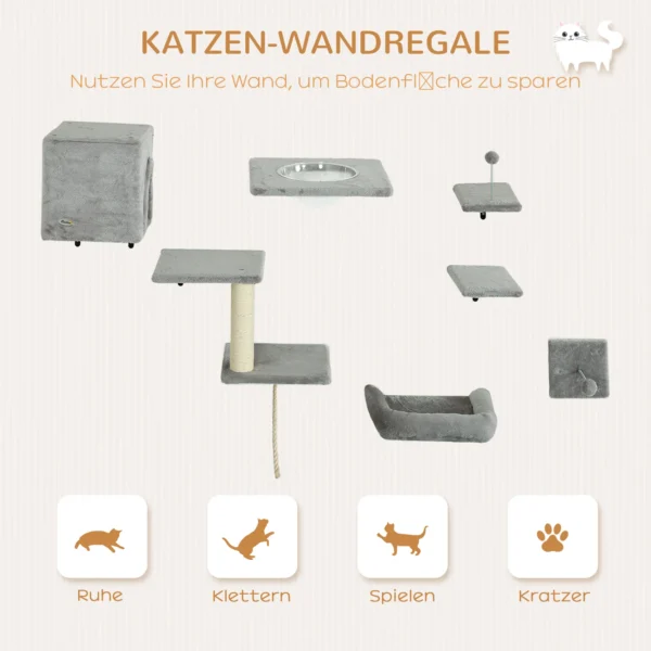 Pwahut klimmuur kat 7 delig katten klimmuur set met kattenhuis, platform, krabpaal met hangende bal, pluche wandkrabpaal, kattenmeubels voor katten tot 5 kg, grijs 5